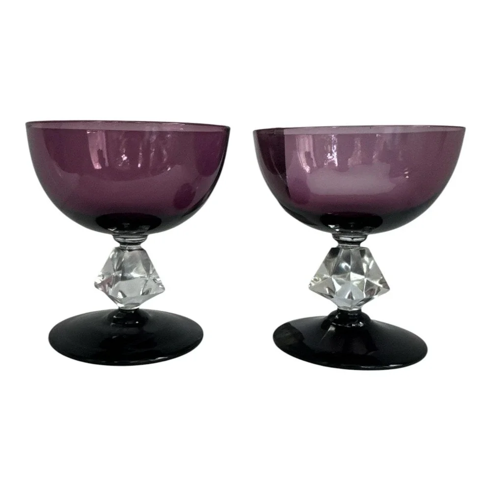 Vintage Bryce Brothers Aquarius Amethyst Coupe Glasses Diamond Stem Cocktail 2pc
